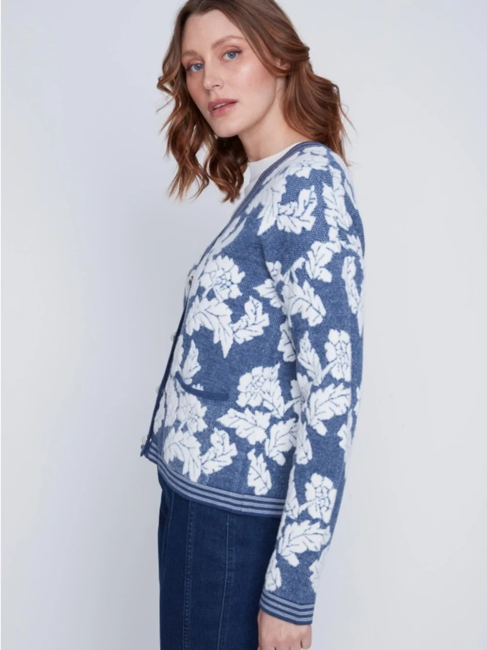 Coco Y Club Blue and White Floral V-Neck Cardigan with Pearl Buttons - Picture 2 of 7